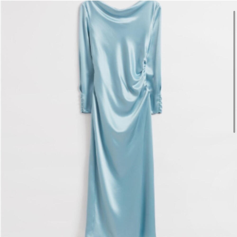 & other stories fitted waterfall neckline dress size 12 light turquoise
